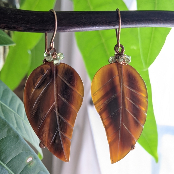 Artisan Autumn Leaf Earrings Carved Horn Hand Wrapped In Solid Copper - Picture 16 of 16